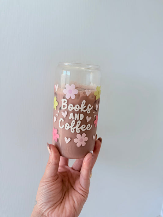 Floral Books and Coffee Glass Can